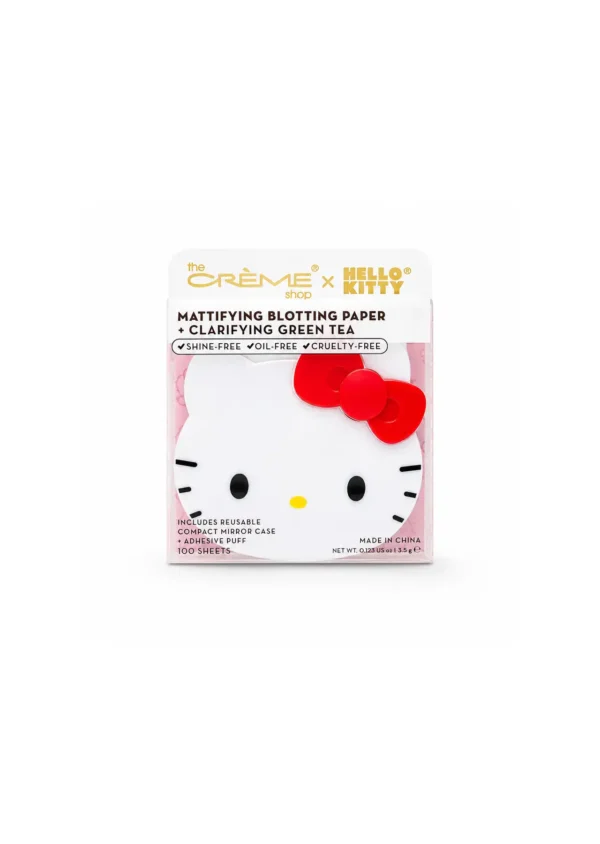 he Crème Shop x Hello Kitty Papel Matificante Mattifying Green Tea Blotting Paper with Mirror and Puff, Absorb Excess Oil, Makeup-Friendly (100 Hojas))