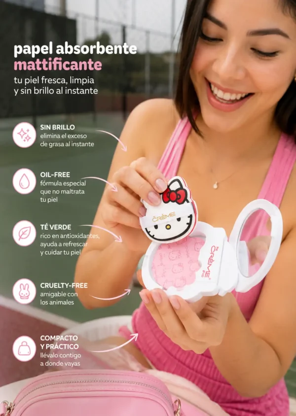 he Crème Shop x Hello Kitty Papel Matificante Mattifying Green Tea Blotting Paper with Mirror and Puff, Absorb Excess Oil, Makeup-Friendly (100 Hojas))