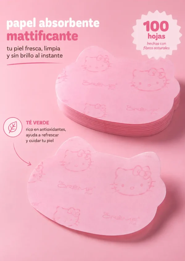 he Crème Shop x Hello Kitty Papel Matificante Mattifying Green Tea Blotting Paper with Mirror and Puff, Absorb Excess Oil, Makeup-Friendly (100 Hojas))