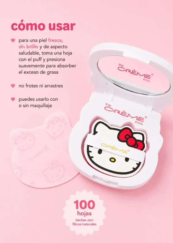 he Crème Shop x Hello Kitty Papel Matificante Mattifying Green Tea Blotting Paper with Mirror and Puff, Absorb Excess Oil, Makeup-Friendly (100 Hojas))