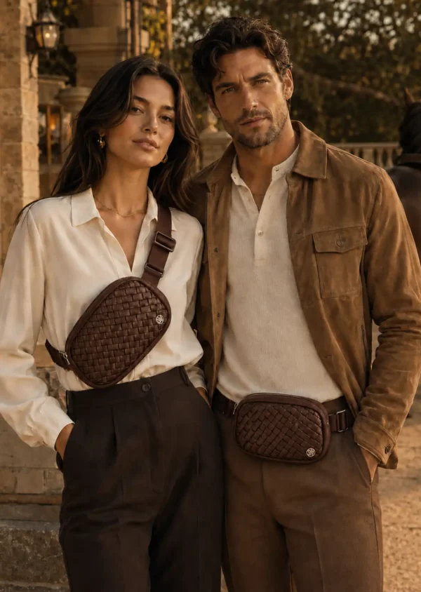 Bolso Unisex Crossbody Steve Madden Café con Diseño Tejido