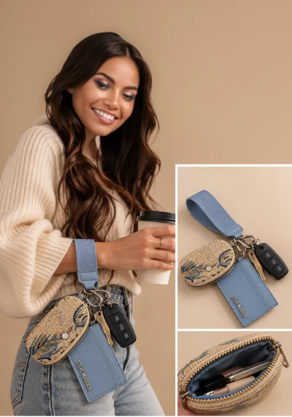 Muñequera Steve Madden Azul con Tarjetero y Pouch Tejido
