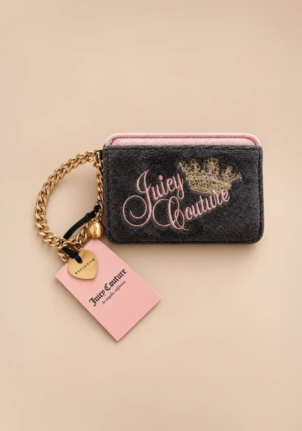 Cartera Muñequera Juicy Couture Café y Rosa, acabado velour, con cadena dorada