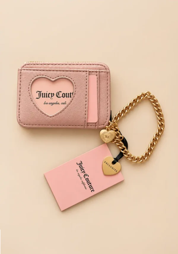 Cartera Muñequera Juicy Couture Café y Rosa, acabado velour, con cadena dorada