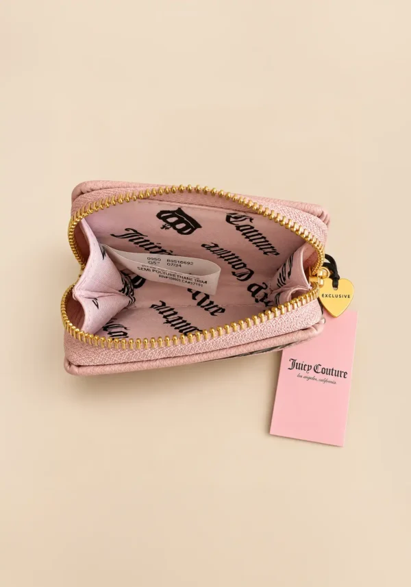 Cartera Muñequera Juicy Couture Café y Rosa, acabado velour, con cadena dorada